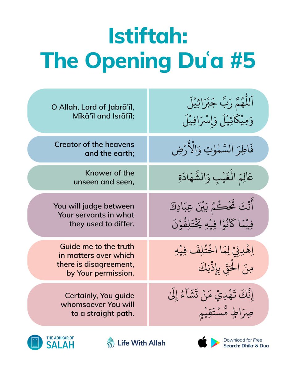 alifewithallah's tweet image. Istiftah (The Opening Duʿa) #5

Abū Salamah b. ʿAbd al-Raḥmān b. ʿAwf (raḍiy Allāhu ʿanhu) narrated:
I asked ʿĀ’ishah (raḍiy Allāhu ʿanhā), the mother of the believers, (to tell me) the words with which the Messenger of Allah ﷺ commenced the ṣalāh when he got up at night.…