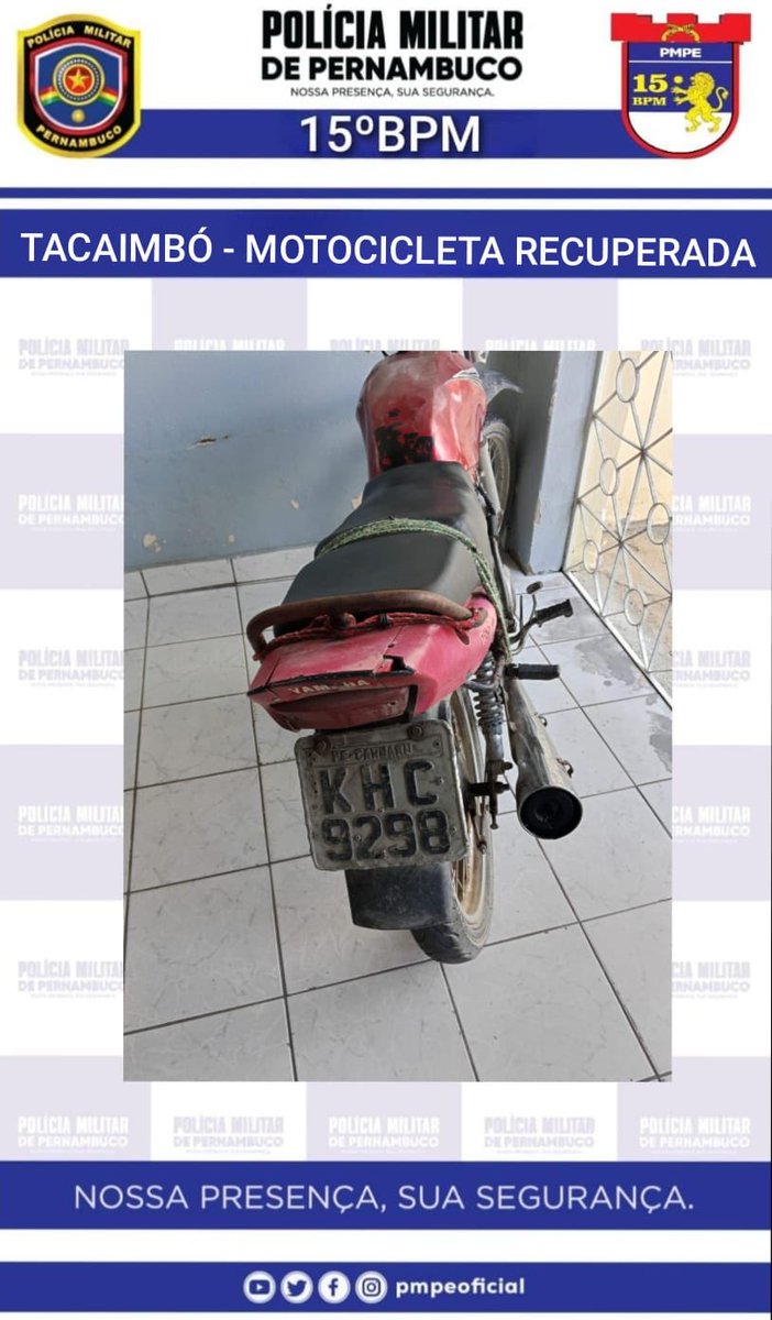 A PM recebeu informações da localização de uma motocicleta YAMAHA YBR 125 K, abandonada as margens da BR-232, a qual foi localizada, sendo constatado que a mesma estava com restrição de roubo/furto. O referido veículo foi apresentado na DP de plantão para as medidas cabíveis