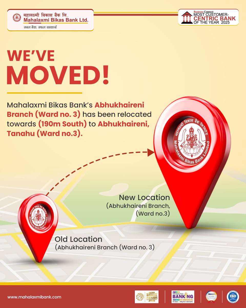 bank_bikas's tweet photo. We would like to inform you that our Abhukhaireni branch (Ward No. 3), Tanahu has been relocated to 190m south to Abhukhaireni, Tanahu (Ward no.3).
...
#MLBL #MahalaxmiBikasBank #SabalBankSafalSahakarya #Notice #Branchrelocation https://t.co/jkl9jA3mdR