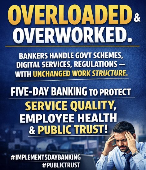 <a href="/nilesh_pawar15/">Nilesh Pawar</a> <a href="/fboioa_india/">Federation of Bank of India Officers' Associations</a> <a href="/rupamsmail/">Rupam Roy</a> <a href="/TamalBandyo/">Tamal Bandyopadhyay</a> <a href="/moneycontrolcom/">Moneycontrol</a> <a href="/MoneylifeIndia/">Moneylife</a> <a href="/abplive/">ABP LIVE</a> <a href="/ZeeNews/">Zee News</a> <a href="/PTI_News/">Press Trust of India</a> <a href="/republic/">Republic</a> <a href="/ndtv/">NDTV</a> <a href="/DDNewslive/">DD News</a> Five-Day Banking is a structural reform, not a slogan.
Banks today operate in a high-risk environment involving public funds, compliance pressure, cyber threats, and intense customer expectations. A fatigued workforce increases operational errors and reputational risk.
📌