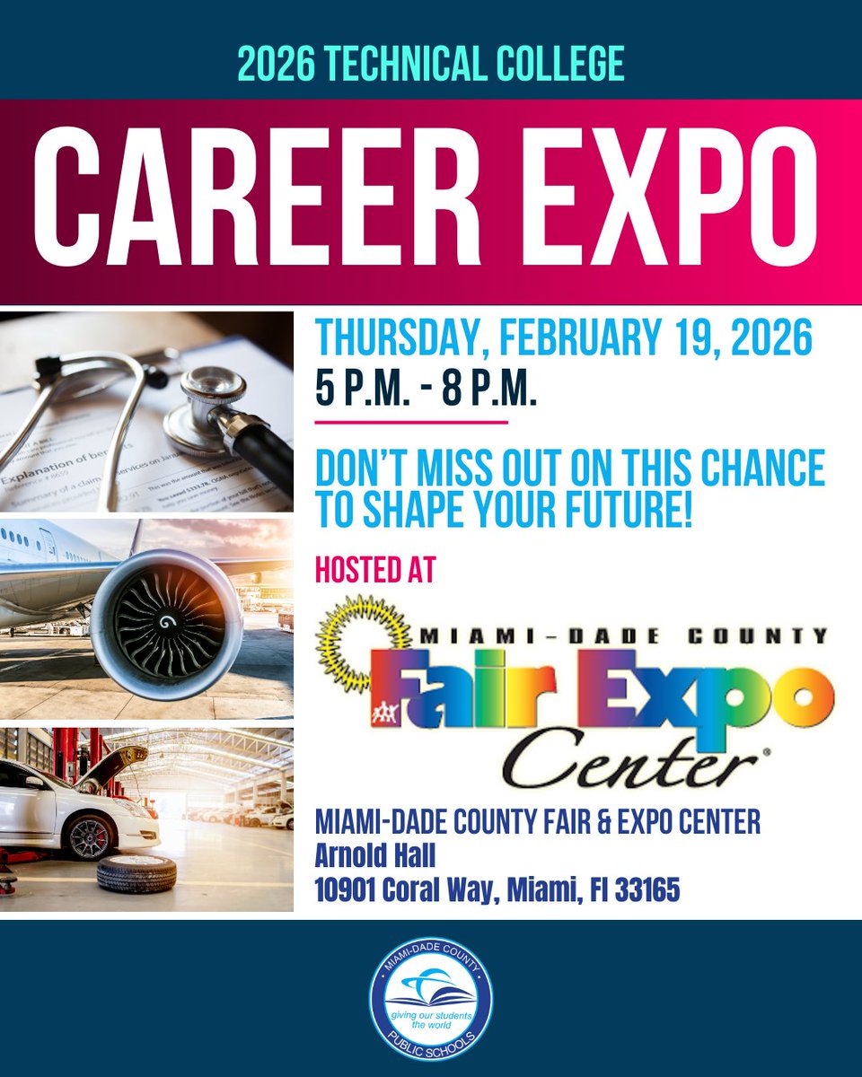 Your future is calling, and it starts at the 2026 Technical College Career Expo. Join us on Thursday, Feb 19 (5–8 p.m.) at Arnold Hall in the Fair &amp; Expo Center. Meet the mentors who will help you master the skills for Miami's highest-paying careers. #YourBestChoiceMDCPS