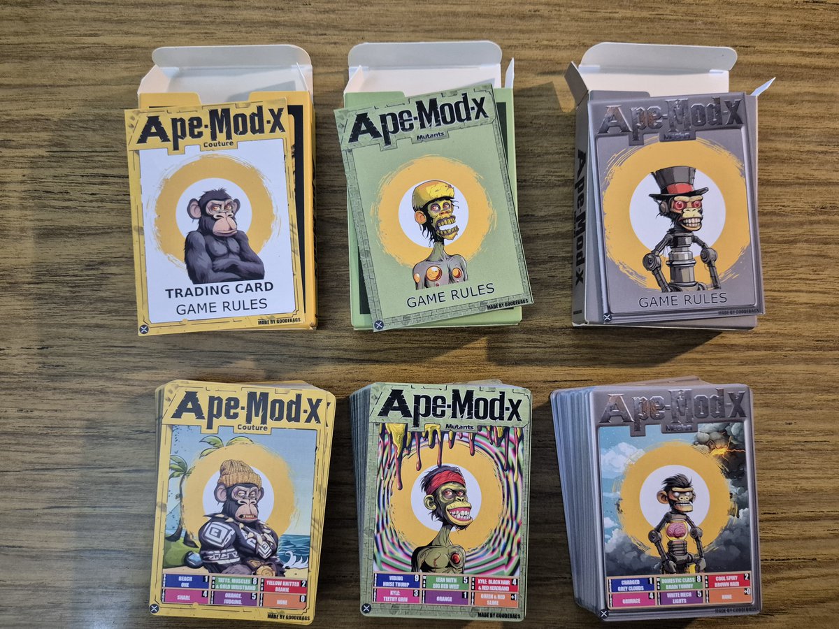 🚨Competition Time🚨
<a href="/Ape_Mod_X/">Ape-Mod-X</a> is my new project that I've been working on for nearly 2 years.

Ape-Mod-X is a real life card game, 
based on a soon to launch XRP NFT collection, 
which is based on a card game.

Coming soon to the XRPL

Want to win one of these prototype decks?