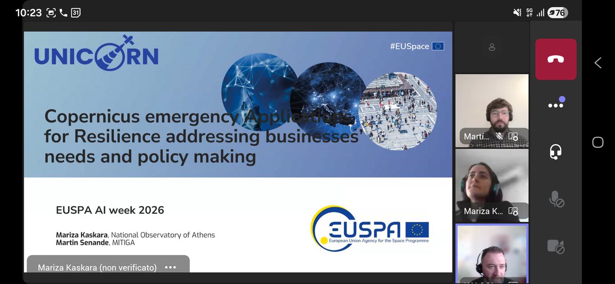 unicornprojEU's tweet photo. #UNICORN project EUSPA - EU Agency for the Space Programme #AIWeek

#UNICORN was presented (by Mariza Kaskara and Hélder Martins Fontes) during the "AI for crisis management" session at EUSPA - EU Agency for the Space Programme #AIWeek (19-23 Jan 2026), EUSPA's virtual event highlighting AI-powered Horizon Europe and Fundamental Elements projects transforming the space downstream sector.

#UNICORN develops Earth Observation-powered tools for early warning, forecasting, and hazard monitoring of floods, wildfires, and volcanic eruptions, empowering businesses, authorities, and citizens to build climate resilience.

➡️ Learn more: https://t.co/XHUtbP0Isz | https://t.co/XfBN1eGi1f

@MarizaKaskara  @beyond_center @edge_eo @perattikis @EU4Space