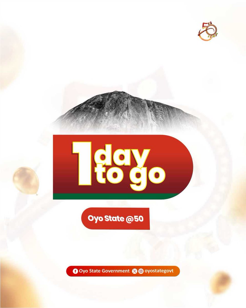 oyo_information's tweet photo. From history carved in stone to dreams written in gold.
50 years of impact, culture, and excellence.
Just 1 day to go! Oyo State @ 50.
#OyoStateAt50 #oyostategovernment
#pacesetterstate https://t.co/1mSIrtwEXM