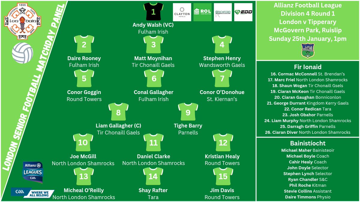 LondainGAA's tweet photo. 🚨 TEAM ANNOUNCEMENT 🚨

The London team to face Tipperary in the Allianz Football League Division 4. https://t.co/1oXQ4xYhT9