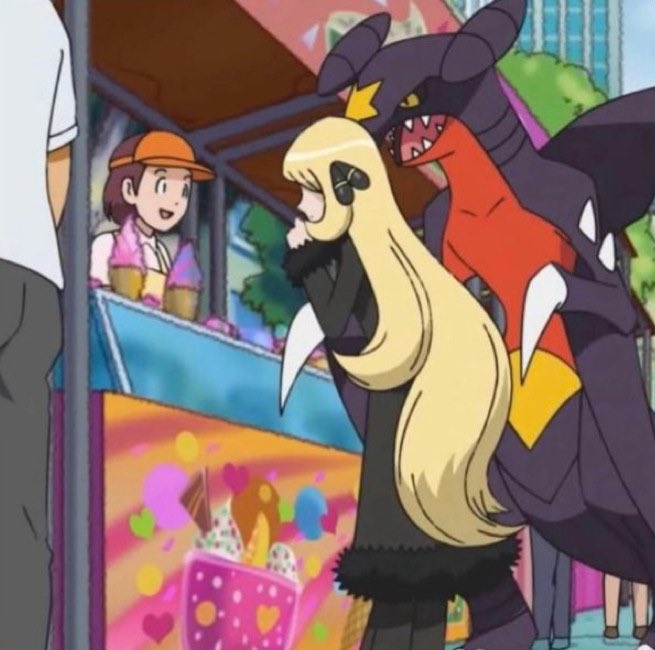 Cynthia and Garchomp getting ice cream