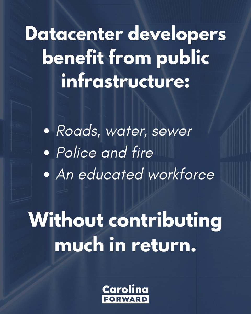 ForwardCarolina's tweet photo. Most people have heard about how datacenter development is flooding into North Carolina. But did you know that we, North Carolina residents and taxpayers, are subsidizing them?

It's true: thanks to a law passed by our state legislature in 2015, datacenter developers and operators pay zero ($0) state sales tax on all equipment, electricity (!) and software they buy.

So even though datacenters rely on hard infrastructure paid for by North Carolina taxpayers - like roads, water/sewer, emergency/police/fire protection and much more - they contribute no sales tax in return. All of that additional tax burden is dumped on us.

That's a political choice.