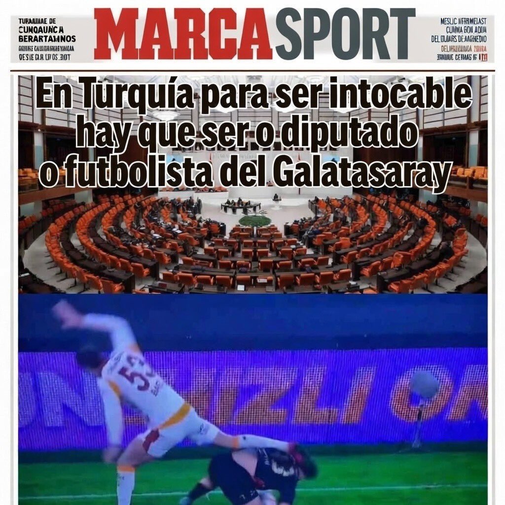 🚨İspanyol spor gazetesi MARCA'nın spor sayfasındaki Türkiye Ligi manşeti:

"Türkiye’de dokunulmaz olmak için ya milletvekili olmak gerekiyor ya da Galatasaray futbolcusu olmak gerekiyor."