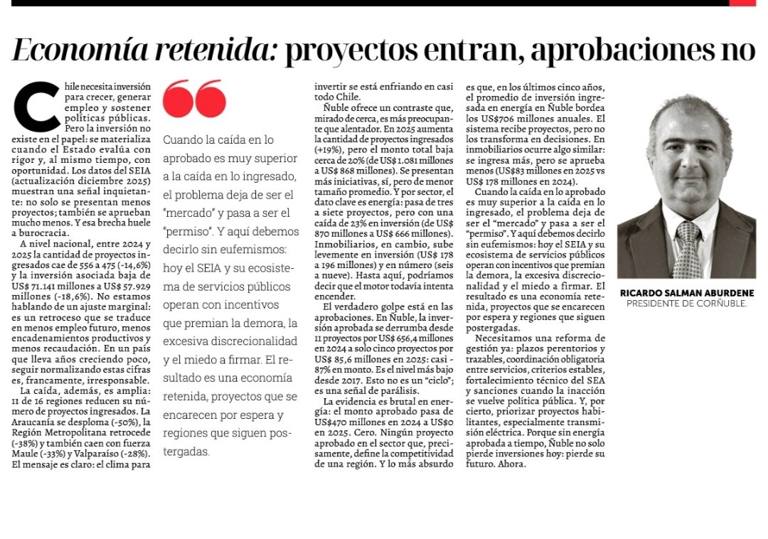 Chile no está fallando por falta de proyectos: está fallando por falta de decisiones. La burocracia se volvió un “impuesto” al crecimiento. En Ñuble la inversión aprobada cayó casi 87% en 2025 y en energía fue 0.
La economía retenida. #Crecimiento #Inversión #Permisos #Regiones