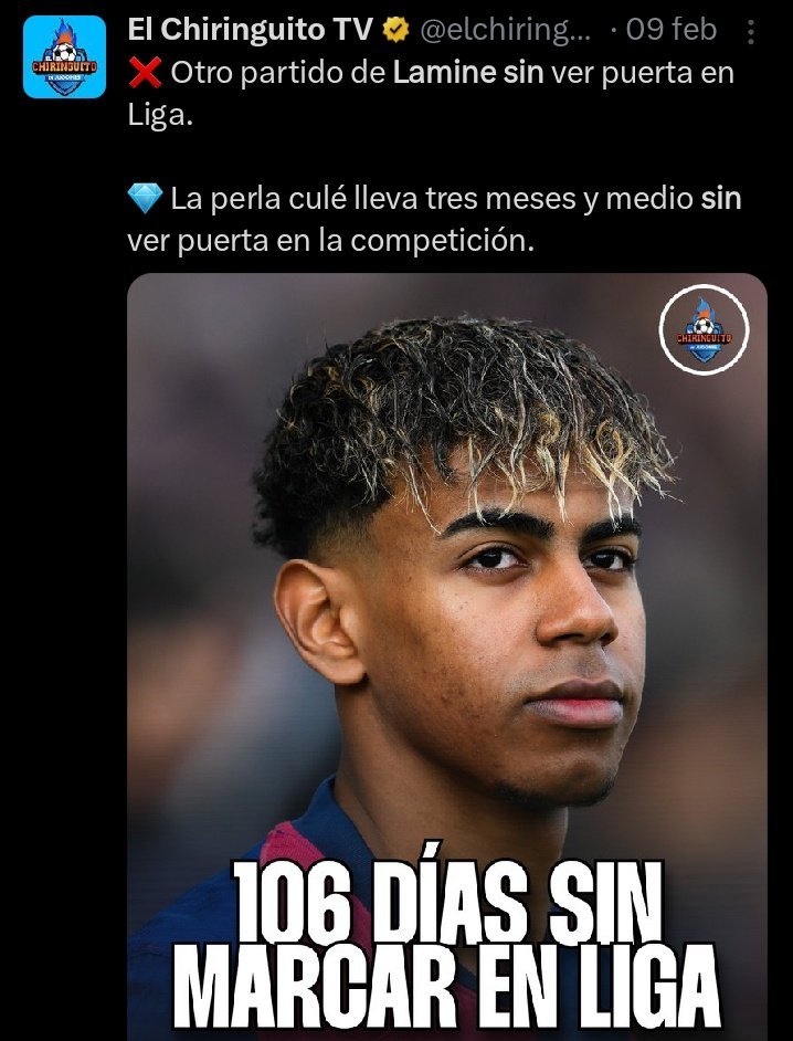 Vinicius lleva 112 días sin marcar en Liga.

ha superado el record de Lamine Yamal pero el Chiringuito nunca inició el contador, por lo que sea.