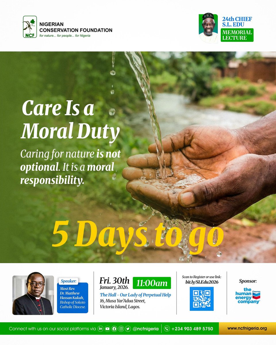 ncfnigeria's tweet photo. Caring for nature is not optional. It is a moral responsibility.

But how can we live out this responsibility in our daily lives, businesses, and communities?

Be part of the 24th Chief S.L. Edu Memorial Lecture explore faith-inspired solutions for a sustainable future.
30th of January is the date. Don’t be left out. 

Reserve your spot now at https://t.co/cb2E2xdqC9
Attendance is FREE

#NCF #SLEduLecture2026 #FaithAndEnvironment #Nature #Conservation