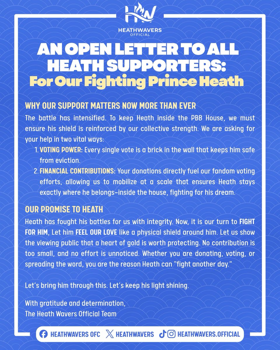 HeathWaversOFC's tweet image. AN OPEN LETTER TO ALL HEATH SUPPORTERS: 
For Our Fighting Prince Heath 

To everyone who believes in Heath, 

We have watched Heath navigate the PBB house with the quiet COURAGE of a true warrior. He has been our "Nation's Baby Boy" with a gentle spirit, yet he has consistently…