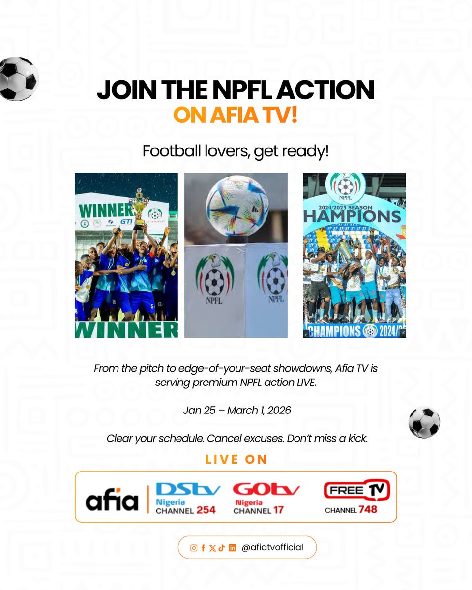 AfiaTvOfficial's tweet image. NPFL action begins, and Afia TV has front-row seats!

Shooting Stars vs Bendel Insurance

Time: 3:45 PM

Bragging rights. Early momentum. Serious football.

Clear your schedule; we kick off in style.