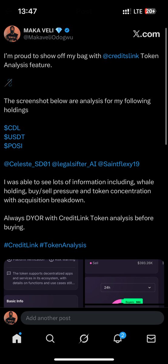 MakaveliOdogwu's tweet photo. Here is my token analysis report for my holdings using @creditslink token analysis.
@Celeste_SD01 @Octa_Sphere @Hun_Ter07
#CreditLink #TokenAnalysis https://t.co/vzRpvc3Fci