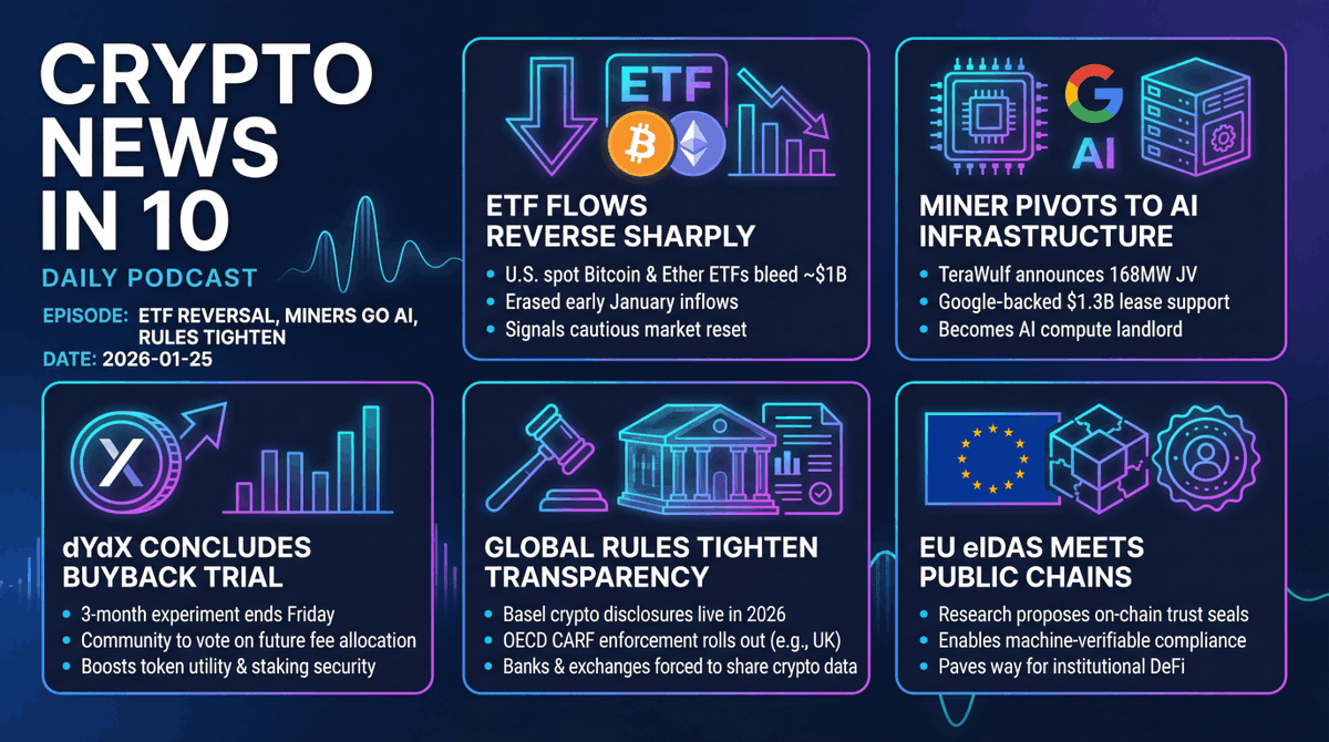 ETF flows flip negative as the January rally cools 📉. A Google-backed deal  turns a miner into an AI compute landlord 🤖. And 2026 rules flip the  transparency switch for banks and