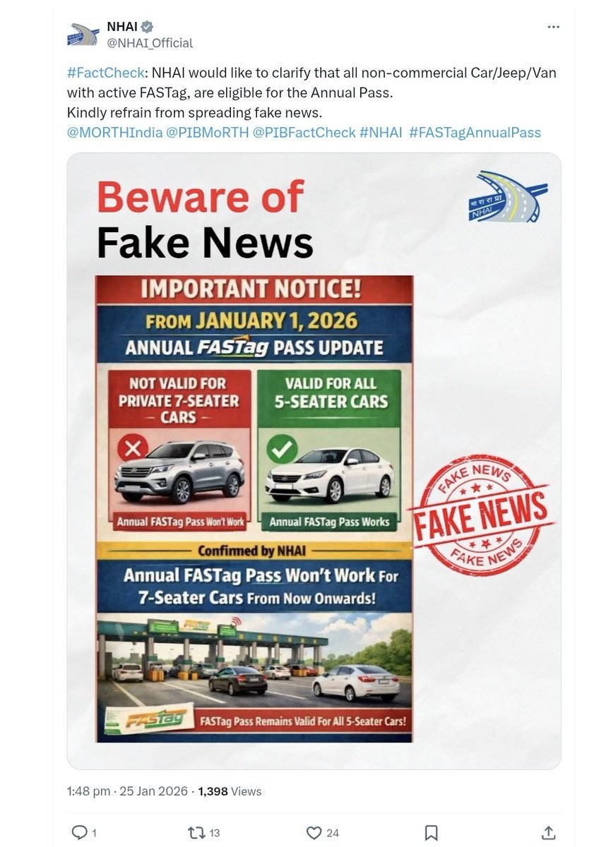 yabhishekhd's tweet photo. Important clarification 🚨

There were earlier reports suggesting FASTag annual subscription would not apply to 6- and 7-seater private vehicles.

Now confirmed by NHAI:
✅ FASTag annual subscription will work for 6- and 7-seater non-commercial private vehicles as well.

If FASTag is not working on eligible vehicles, users are advised to update FASTag vehicle details to avoid issues.

This resolves the confusion around seat-based eligibility.