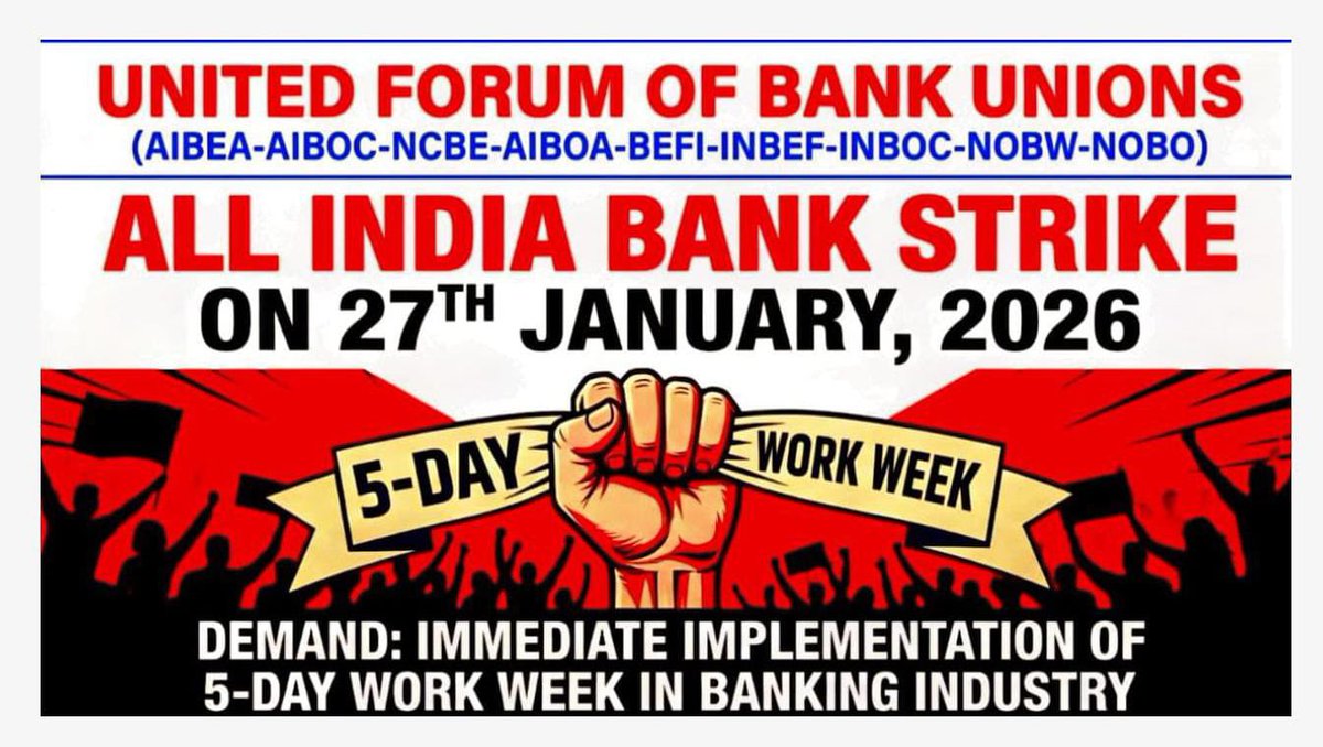 DeepakVinu26's tweet photo. The 5-day work week is not a perk, it is a long-pending structural reform, agreed in principle through bipartite discussions between IBA &amp; employee unions. Delay is no longer acceptable.

Implement now—or face a massive strike on Jan 27.
#BankersDemand5DayWeek https://t.co/uCmuL6UrD1