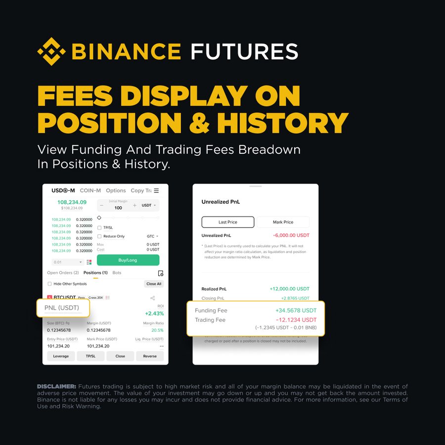 MatthBit47872's tweet image. New on Binance Futures:

View funding and trading fees directly in your position history and open positions.

Get a clearer picture of your PNL and trade smarter.
