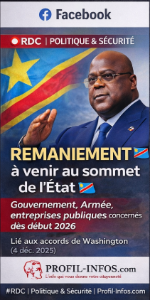 🔴 RDC | Institutions
Félix Tshisekedi préparerait un vaste réaménagement de l’appareil d’État.
Gouvernement, commandement militaire et entreprises publiques pourraient être concernés dès début 2026, selon une source proche du dossier.

👉 Changements liés aux accords de