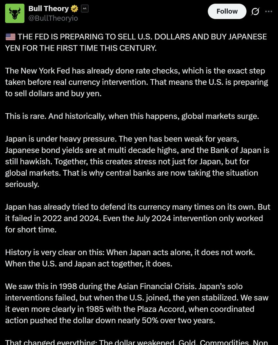 금세기 최초로(적어도 플라자 합의 이후 최소 40년) 연방준비제도가 엔 약세에 개입해서 엔화 매수할 태세를 보이고 있다는 소식... 원화도 같이 움직이는 경우가 많아서 환율 내려갈 수도 있음