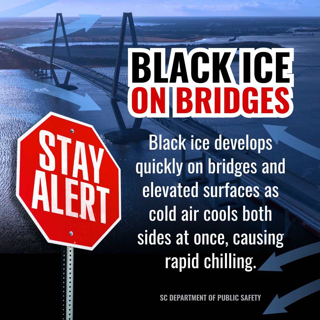 theSCDPS's tweet image. Black ice is danger hidden in plain sight.

If you must travel, remember that bridges and shaded areas are common black ice spots, so approach with extra caution.

In case of a minor collision without injuries, move your vehicle off the roadway and call 911 for assistance.

For…