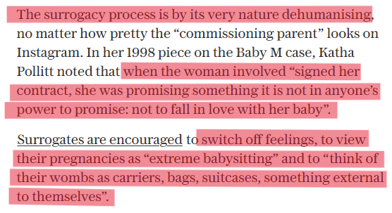 A razor sharp examination of surrogacy by Victoria Smith in the Telegraph.

People often ask how any mother could give away her baby, there are many &amp; complicated reasons but this is the most important factor imo.

The industry puts a lot of effort into convincing women  that