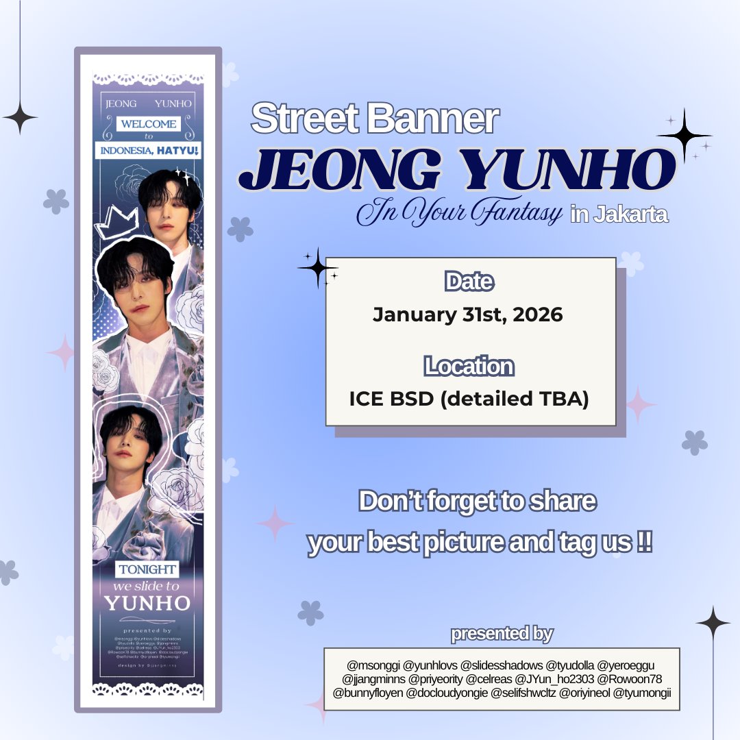 jjangminns's tweet image. 👑 WE SLIDE TO YUNHO 👑
A street banner project for #윤호

The night feels softer.
A fantasy made to be remembered.

📍 ICE BSD
🗓️ 31 January 2026

See you under the lights ✨ 
Don't forget to share your best pictures with #TonightSlideToYUNHO 💕

#InYourFantasy_JKT #ATEEZinJKT
