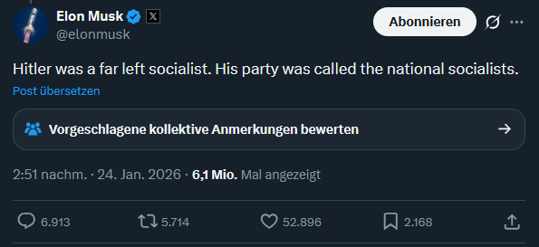 Lol, hey <a href="/welt/">WELT</a> und <a href="/ulfposh/">Ulf Poschardt</a> , wann kommt bei euch die nächste Elon-Musk-Kolumne?

Einerseits klingt "Hitler war links" nach geisteskrankem Fascho-Schwachsinn, aber hey, es könnte auch eine wichtige Debatte anstoßen darüber, ob Hitler missverstanden und übel gecancelt wurde !!!