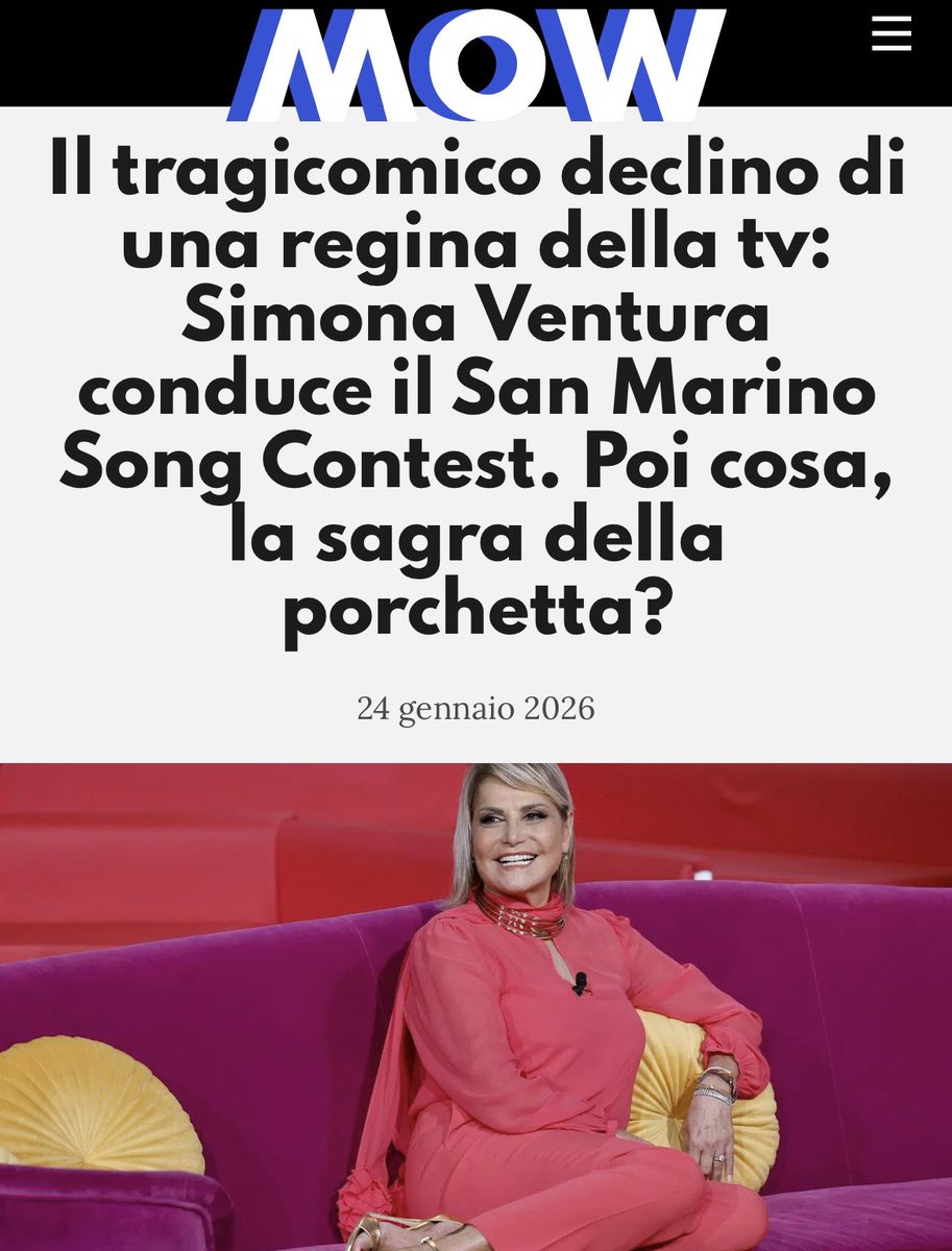 LaSambruna's tweet image. #SimonaVentura è stata REGINA della tv. Ora, dopo il #GrandeFratello meno visto di sempre, condurrà il San Marino Song Contest - la finale. E la sagra della porchetta quando? Forse non ricorda d’esser Simona Ventura - e manco il suo agente lo sa, mestizia➡️mowmag.com/attualita/il-t…