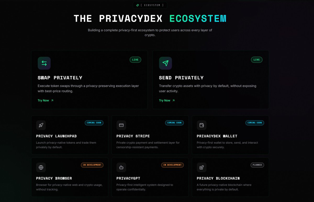 PrivacyDex's tweet image. PrivacyDex is an ecosystem 🔥

We are building a complete, privacy-first crypto ecosystem designed to protect users across every layer of crypto.

What’s live today:
• Private swaps with best-price routing
• Private transfers by default
• More privacy-native features coming…