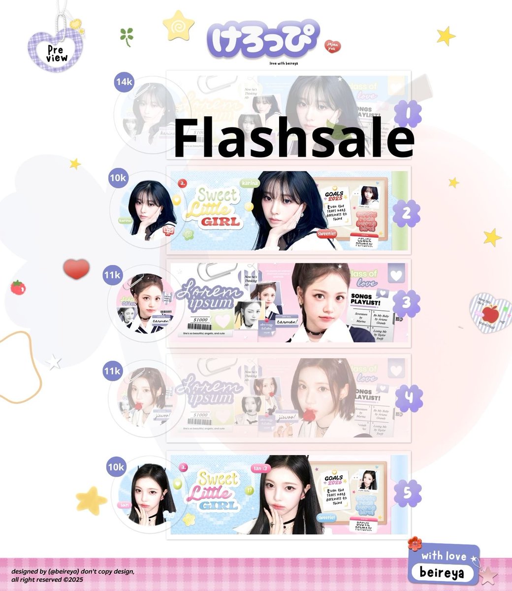 Hello help repost ya makasih 

Haloo! Aku mau flash sale layout ready stock wonyoung, karina, carmen, ian &amp; dibawah ini dengan harga 7-11k jika tertarik? bisa sung take melalui tele ad di bagian pinned😍

🎀 : Avail for GA &amp; SPONSOR

mt @ after dm or tele cek pinned
#zonauang