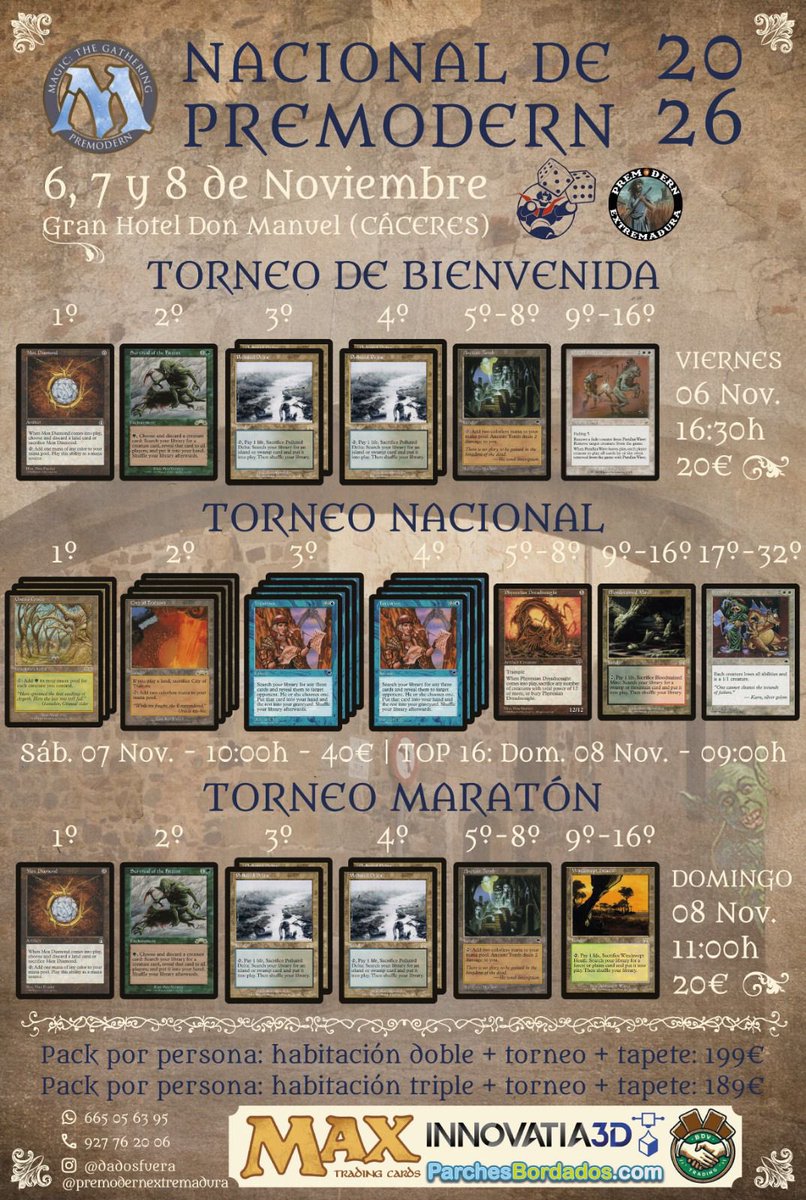 Spanish Premodern Nationals 2026
6-7-8 November in Cáceres 
300 players (maybe we can up a little more of there’s a lot of people i the waiting list)
Tomorrow you can reserve the hotel
If you have any doubt, hit me up!!