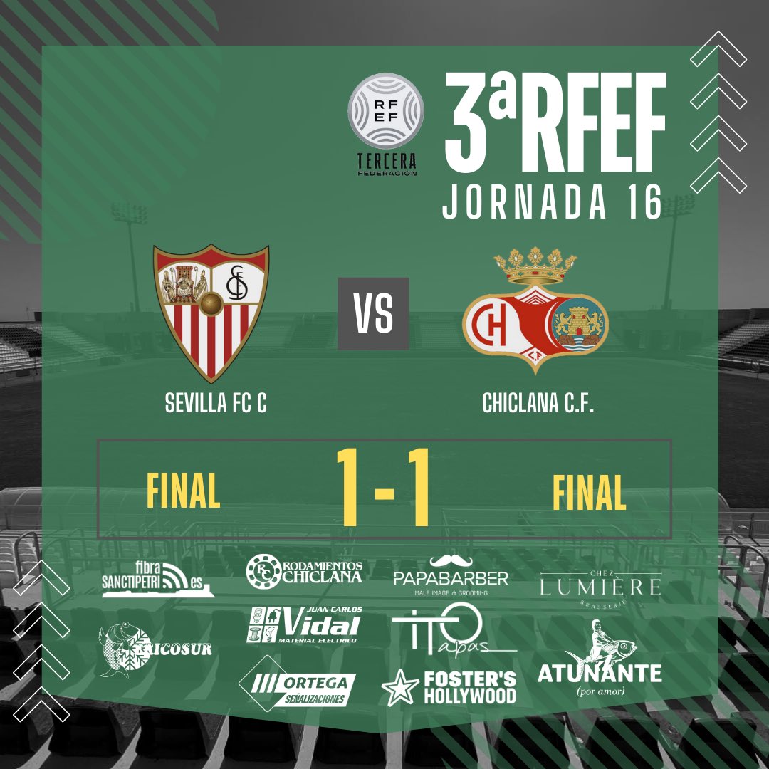 ⚽️ #SevillaFCC 🆚 #ChiclanaCF
🏆 #3aRFEF - J19

1️⃣-1️⃣ Final. Justo resultado. Dominio y oportunidades compartidas. Volvemos con un punto que habrá que hacer valer el próximo domingo en el Municipal. 

#SevillaCChiclana #LosSueñosSeViven