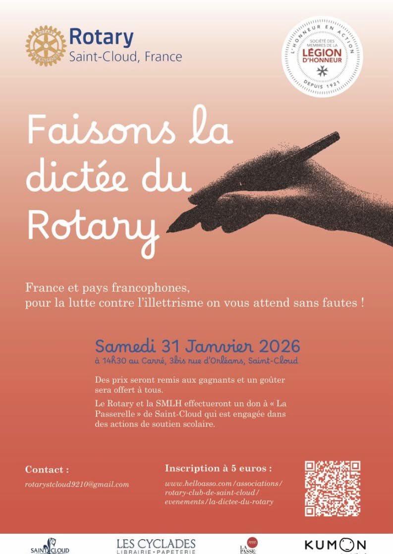 Rotarystcloud16's tweet image. 31 janvier, participez à @VilleSaintCloud à la dictée du @Rotarystcloud16 .
Les bénéfices seront versés à l’association #LaPasserelle pour le soutien scolaire.
Inscriptions helloasso.com/associations/r…
@RotaryFR @Rotary1660 @rotarymagfr