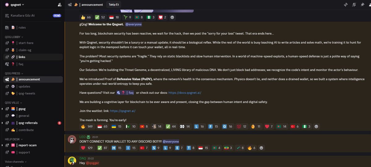 RED FLAG !!!! SCAM 

<a href="/qognet/">qognet</a> 

Be careful, this is a scam project.The project has opened an OG role. After getting the OG role, a link is opened through a place called # qog-referrals, and there they ask you to connect your wallet. 

An admin warned saying ‘DON’T CONNECT YOUR