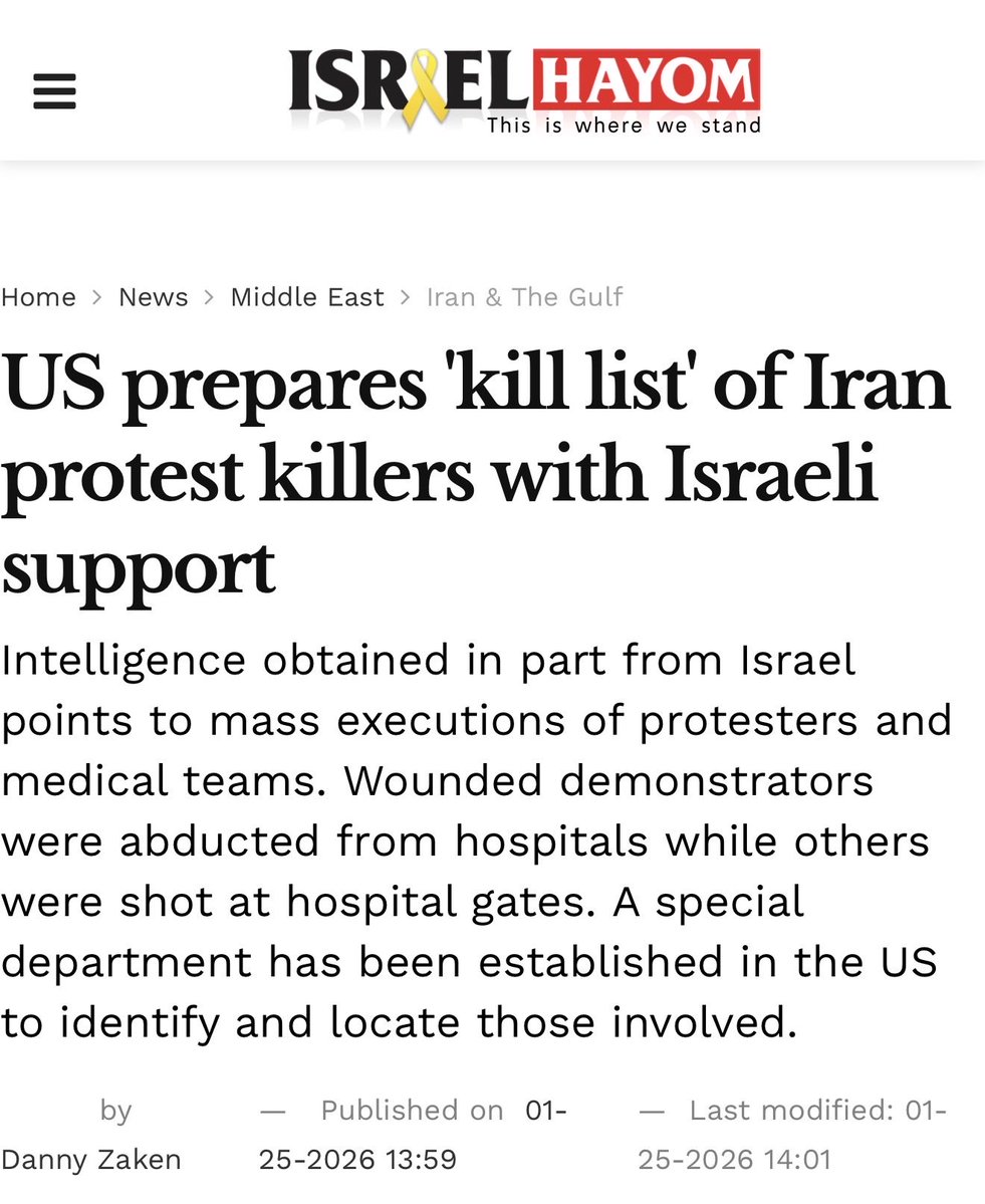 RyanSaavedra's tweet image. NEW: U.S. creating a “kill list” of Iranian officials who were involved in massacring civilians

From the article: “In the US, a special department has been established to collect and verify the materials. American officials are working to compile a list of regime figures…
