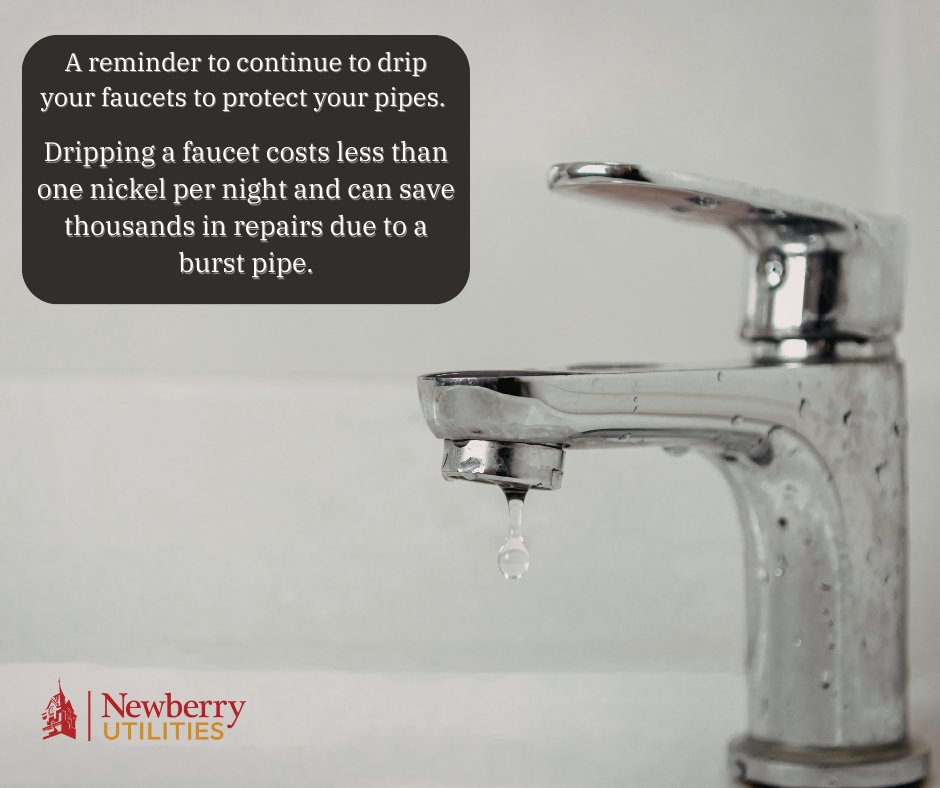 A reminder from Utilities Director Scott Motsinger and utility crews during such cold temperatures! 

Dripping a faucet costs less than one nickel per night and can save thousands in repairs due to a burst pipe.