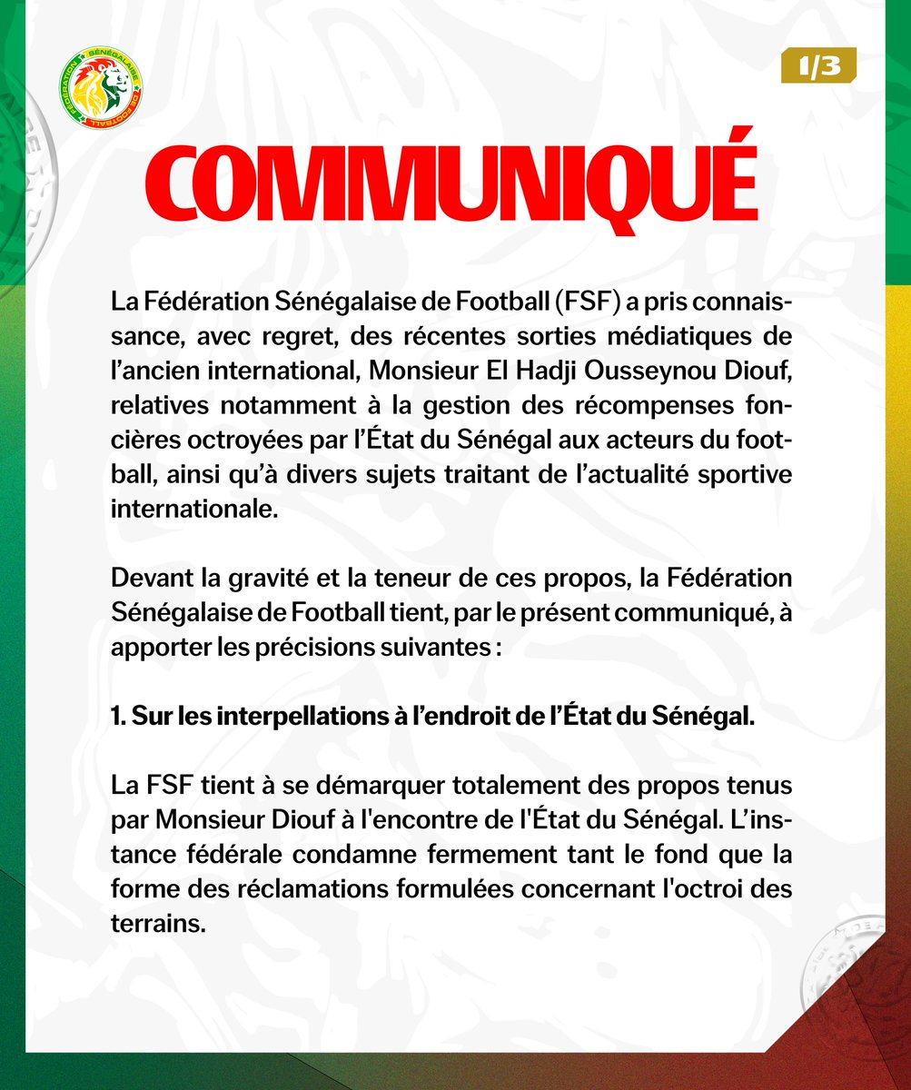Fsfofficielle's tweet image. Communiqué de la FSF : Mise au point relative aux récentes déclarations de Monsieur El Hadji Ousseynou Diouf, ambassadeur de la FSF 👇