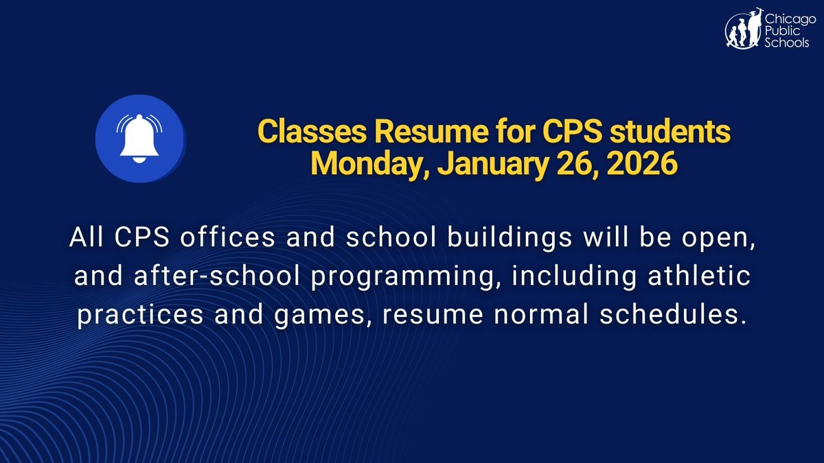 Based on the forecast, CPS schools and offices will be open on Monday, January 26.

We are working to ensure every school is safe, warm, and dry, and that meal service is ready for students. CTA will operate with regular hours and service. Below are some safety reminders for cold