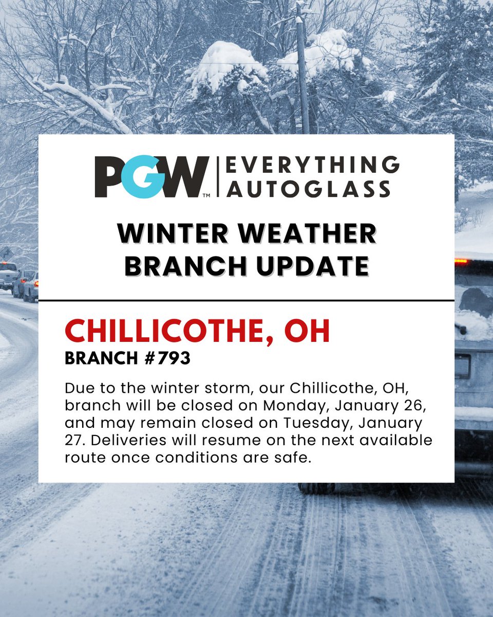 🚨❄️ Due to the winter storm, our Chillicothe, OH, branch will be closed on Monday, January 26, and may remain closed on Tuesday, January 27, to ensure the safety of our team members. Deliveries will resume once conditions are safe. Thank you for your understanding.