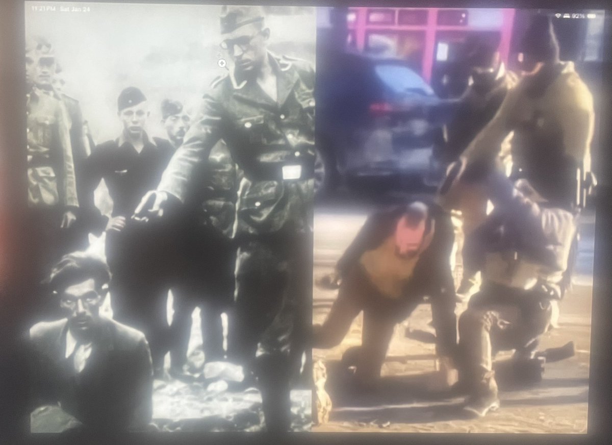 DosRunas's tweet image. Un hombre arrodillado en el suelo, mirando la muerte a los ojos, con un nazi apuntándole a la cabeza mientras soldados lo rodean (Holocausto, 1941).
Alex Pretti, un enfermero de 37 años, ciudadano estadounidense
en la misma postura de derrota absoluta, inmovilizado en el asfalto…