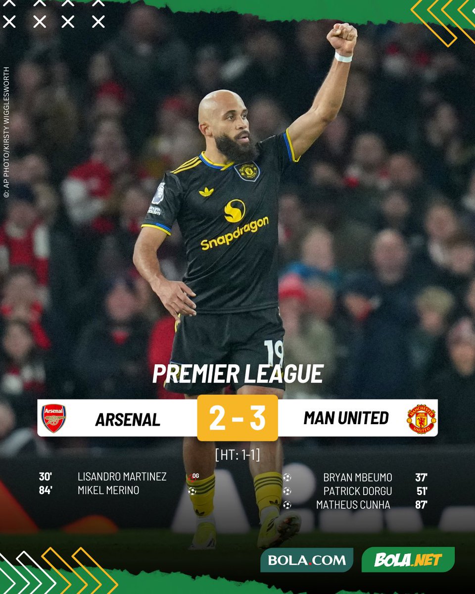 Bolanet's tweet photo. #LiveBolanet FT: Arsenal 2-3 Man United | Possessions: 55%-45% | Shots on Target: 4-3 | Fouls: 9-9

Setan Merah Full Senyum! Meriam London Kalah Dramatis di Kandang

#bldhen #PremierLeague #Arsenal #ManUnited https://t.co/4a3fcTkRgm
