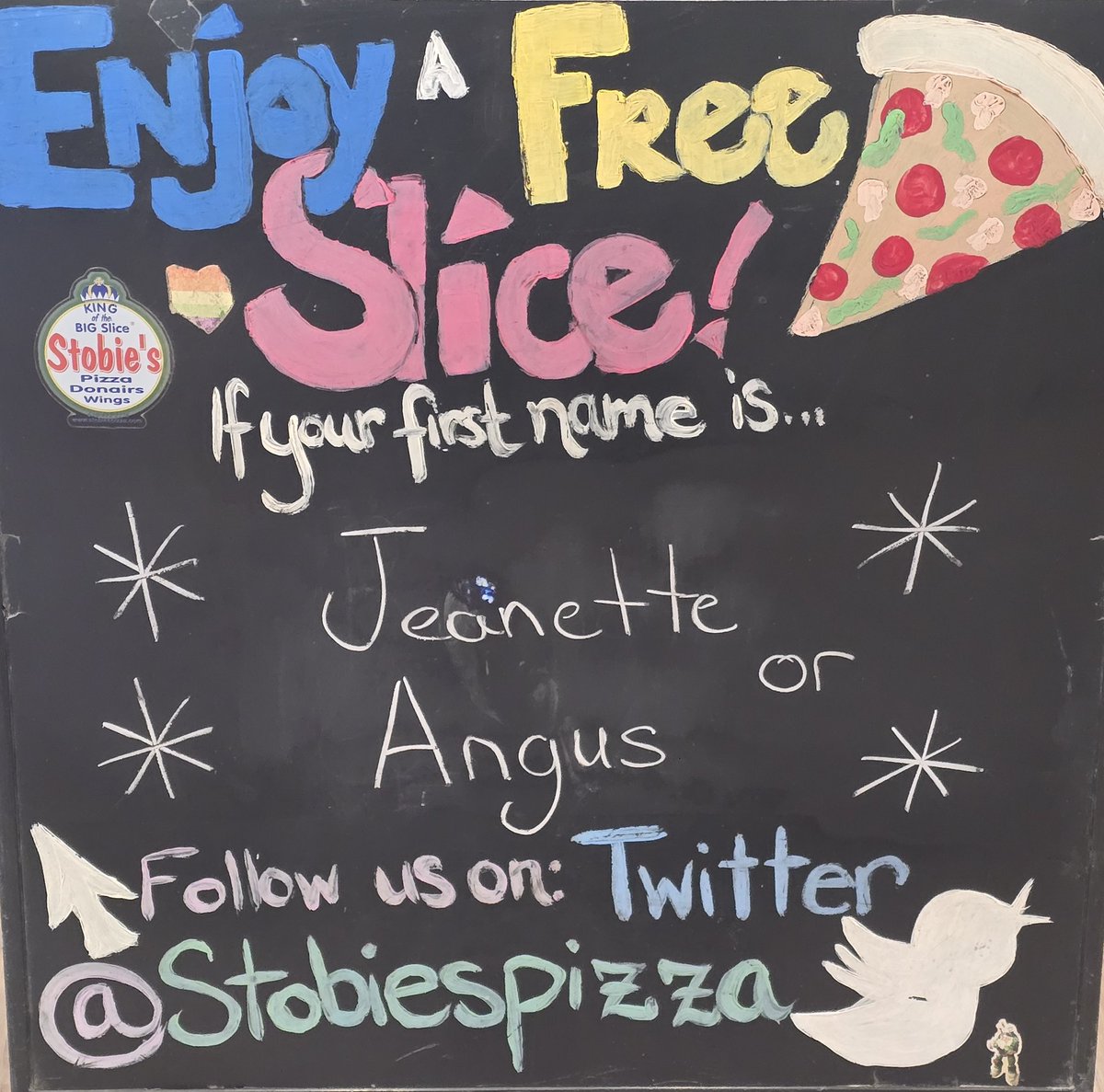 Enjoy a free🍕today if your first name is🥁🥁🥁🥁Jeanette or Angus 
•
🍕
•
🍕
#Jeanette #Angus #namedayslice #kingofthebigslice®️👑

delivery starts at 11 AM 
Call 519-432-2228 or click or Uber Eats or DoorDash
☎️📲💻🍕🍗🌯🥟🥗🚗😍
🍕