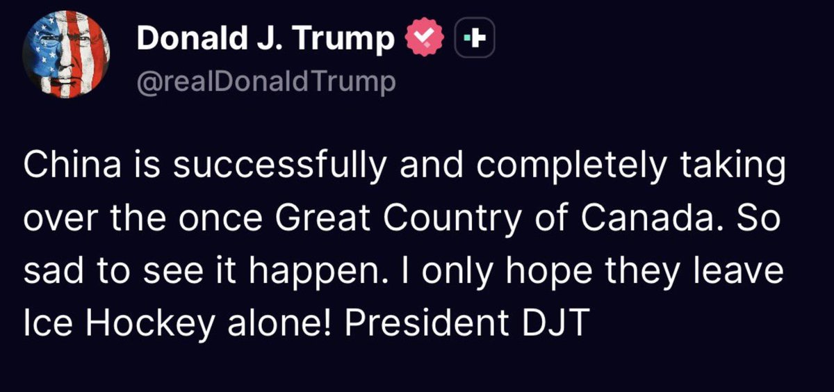 ⚡️JUST IN: TRUMP ON CANADA &amp; CHINA

President Trump just posted on Truth Social: “China is successfully and completely taking over the once Great Country of Canada.”