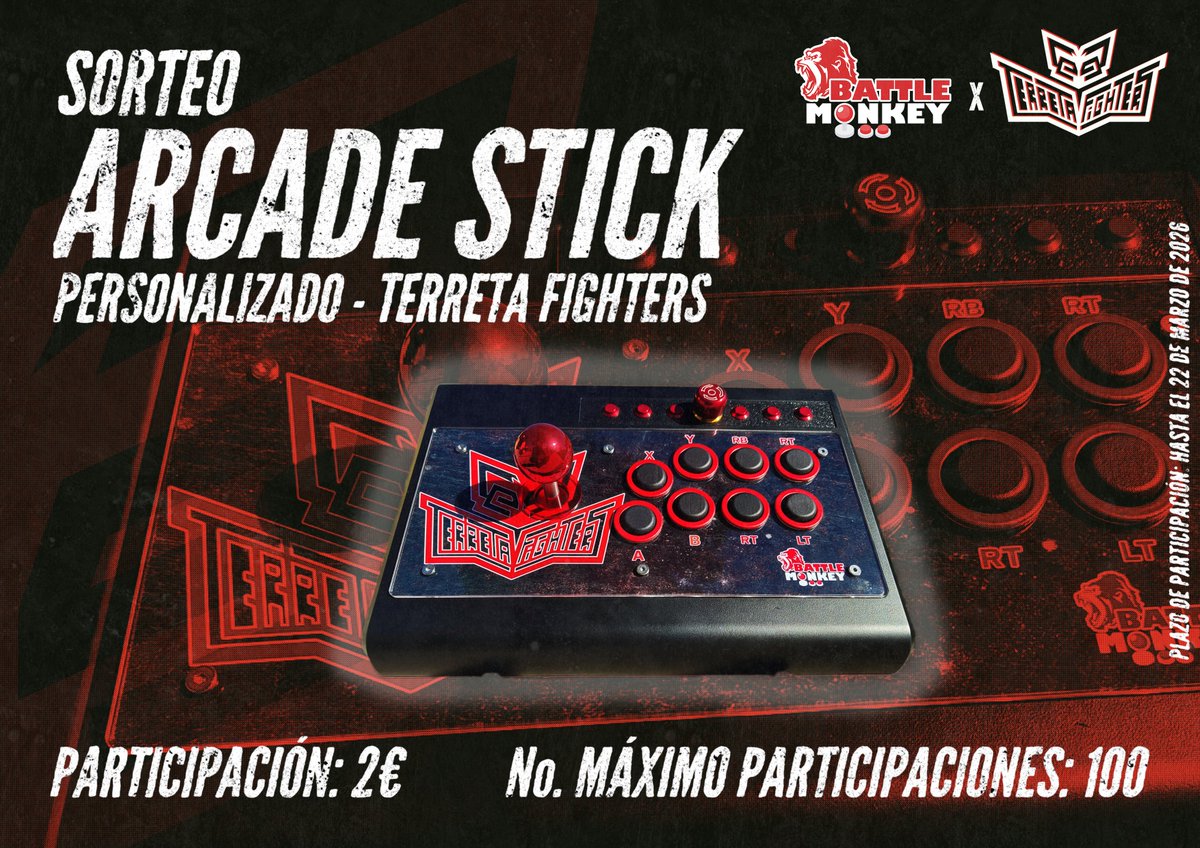 ¡Gracias a <a href="/XBattleMonkeyX/">BattleMonkey Custom Arcade Sticks (Store open)</a> tenemos un sorteo de este pedazo de stick!

Para participar, contactadnos a través de whatsapp o escribiéndonos a terretafighters@gmail.com 

¡Todo lo recaudado se utilizará para pagar los gastos de la fabricación del stick y para mejorar los torneos!