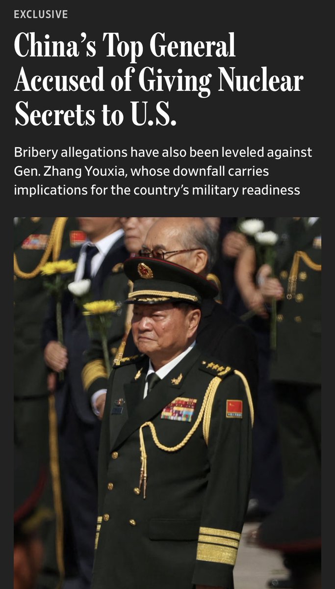 I'm a little skeptical of the claim in this <a href="/WSJ/">The Wall Street Journal</a> piece that top PLA general Zhang Youxia "leaked core technical data on China's nuclear weapons to the U.S."

I could be wrong and the "people familiar with a high-level briefing" could be right, but here are some questions and