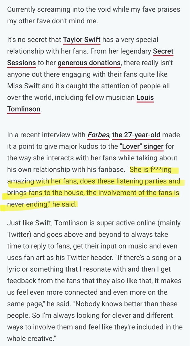 holdingontoLT4's tweet image. shoutout to the swifties that have been supporting louis tomlinson’s new album!!
 
btw louis has talked positively about taylor swift multiple times in the past and even talked specifically about how much he admires her relationship with her fans ❤️