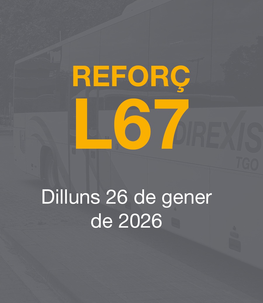 direxis_tgo's tweet image. 🚍 Servei de reforç a la línia #L67

Dilluns 26 de gener, DIREXIS TGO amb la coordinació de la Generalitat de Catalunya, hem posat en marxa un servei de reforç durant tot el dia a la línia L67 (Castellbisbal – El Papiol – Molins de Rei – Sant Joan Despí – Barcelona).