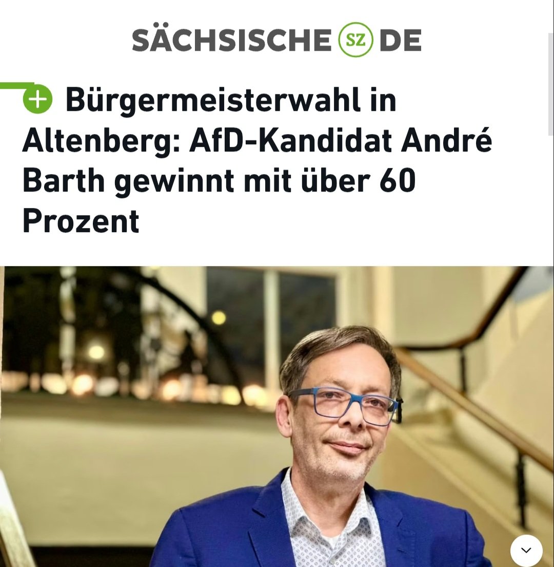 EIL: Wir haben es GESCHAFFT! 💙
Herzlichen Glückwunsch zum AfD-Bürgermeister, Altenberg!
Zusammen reißen wir die Brandmauer ein!
