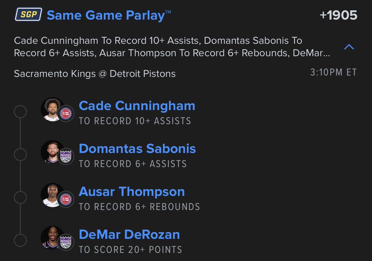 _PropDoctor's tweet image. KINGS VS PISTONS #SGP 

• Cade Cunningham +10 assists

• Domantas Sabonis +6 assists

• Ausar Thompson +6 assists

•  DeMar DeRozan +20 points

#GamblingX #NBA #NBABets